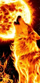 Fiery wolf howling at a luminous moon with flames in vivid colors.