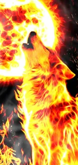 Fiery wolf howling at an orange moon with flames, mobile wallpaper.