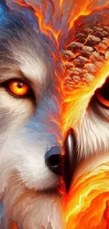Fiery wolf and owl art fusion in mobile wallpaper.