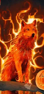 Fiery wolf with flames and a carved pumpkin, ideal for Halloween wallpaper.