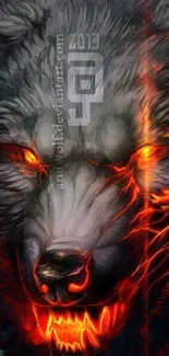 Dark wolf with fiery glowing eyes and mouth in art wallpaper.