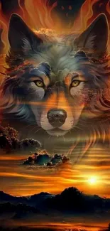 Fiery wolf face with mystical background art.