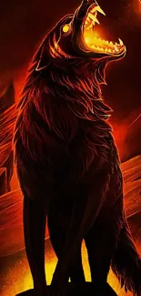 Fiery wolf digital art mobile wallpaper with glowing eyes.