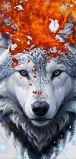 Fiery wolf with flames digital art wallpaper.