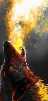 Fiery wolf with flames on dark background, vibrant and artistic.