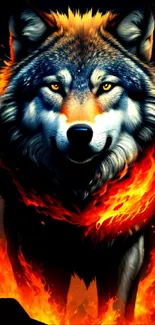 Fiery wolf surrounded by flames, vibrant mobile wallpaper.