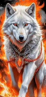 Fierce white wolf with fiery flames and chains.