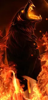 Fiery artwork of a wolf with orange flames and dark background.