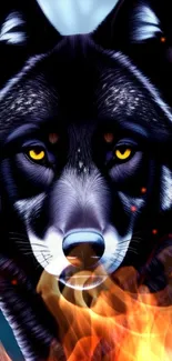 Fierce black wolf with fiery elements artwork wallpaper.