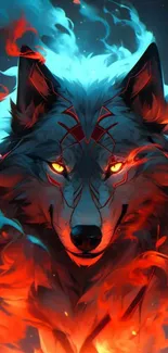 Fiery wolf with vivid red flames and blue accents on a mobile wallpaper.