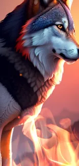 Fiery wolf stands in vibrant sunset with flames in the foreground.