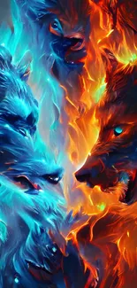 Fiery wolves in vibrant blue and orange flames create an intense mobile wallpaper.