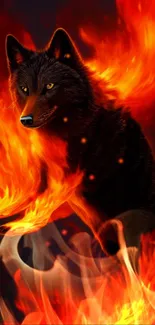 Majestic wolf surrounded by vibrant flames in digital art.