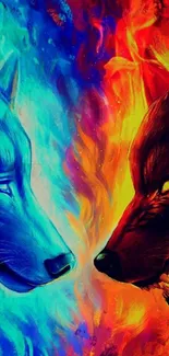 Fiery wolves in blue and red face-off wallpaper, vibrant and dynamic.