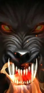 Fierce wolf with glowing eyes and flames mobile wallpaper.