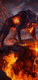 Fiery wolf standing on lava in a fantasy landscape wallpaper.