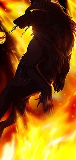 Shadowy wolf silhouette with vibrant fiery background.