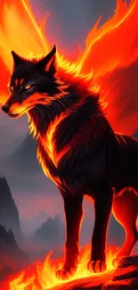 Fiery wolf stands majestically in a surreal fantasy landscape.