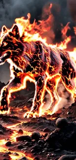 A fiery wolf emerges from a crackling lava landscape in dramatic fantasy art.