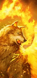 Fiery wolf surrounded by vibrant flames for mobile wallpaper.