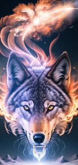 Fiery wolf fantasy art with cosmic backdrop for mobile wallpaper.