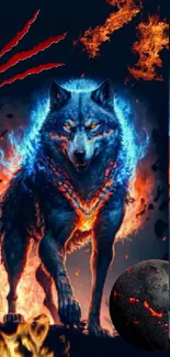 Fiery wolf surrounded by flames and blue aura in a fantasy art wallpaper.