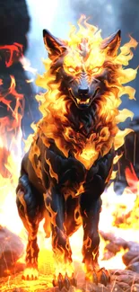 Fiery wolf with flames in fantasy art wallpaper.