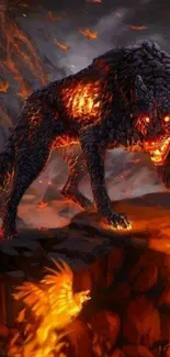 Fiery wolf stands amidst molten lava and flames.