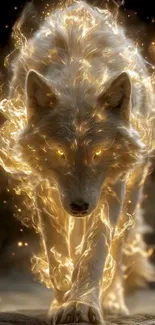 Fiery wolf with glowing aura in fantasy art wallpaper.