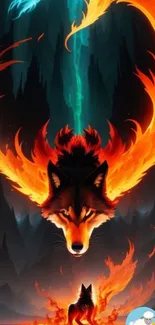 Fiery wolf in a mystical forest with vibrant flames.