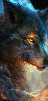 Fiery wolf with glowing eyes in mystical fantasy scene.