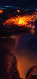 Fiery wolf with glowing eyes and flames, set in dark mystic background.