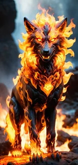 Fiery wolf engulfed in flames on rocky landscape.