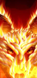 Fiery wolf made of flames on a red background.