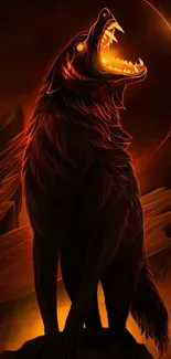 Fiery wolf howl in the night wallpaper with a dark background.