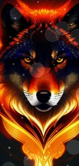 Fiery wolf illustration with vibrant colors for phone wallpaper.