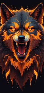 Artistic illustration of a fierce wolf with fiery eyes and dark background.