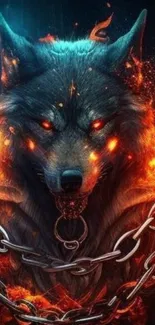 Fiery wolf surrounded by chains with intense, glowing eyes.