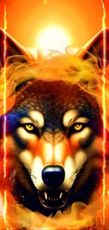 Fiery wolf with blazing flames backdrop, intense and bold art.