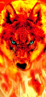 Fiery wolf surrounded by flames on a vibrant red background.