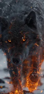 A fiery-eyed wolf braves a snowy landscape in this stunning mobile wallpaper.