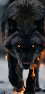Fierce wolf with flames in snowy wilderness.