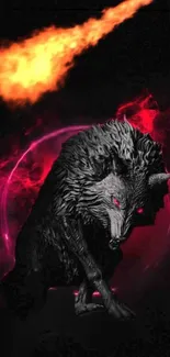 Fiery wolf under a meteor in vivid red and black hues.