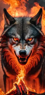 Fiery wolf surrounded by flames in a captivating mobile wallpaper.