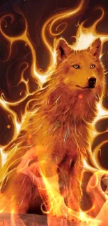 Fiery wolf wallpaper with orange flames.