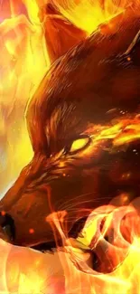 Fiery wolf head bursting with flames in vibrant colors.