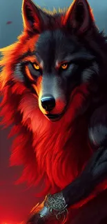 Fiery wolf with mystical red glow in enchanting mobile wallpaper.