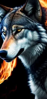 Majestic wolf with fiery flames in a stunning mobile wallpaper.