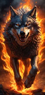 A fiery wolf surrounded by flames, creating a dramatic mobile wallpaper.