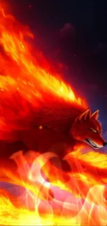 A fiery wolf in motion, surrounded by dynamic flames against a dark background.